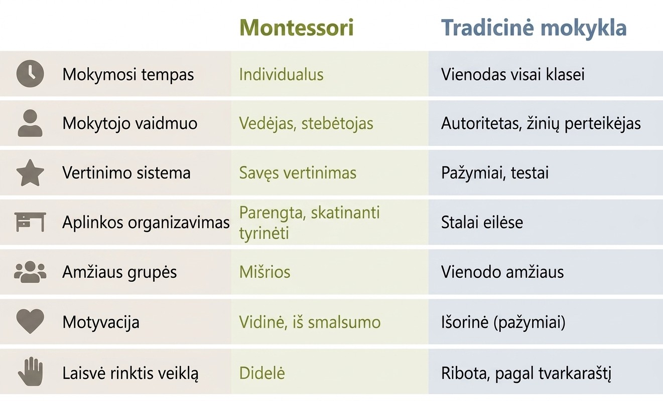 Montessori ir tradicinės mokyklos palyginimas: mokymosi tempas, mokytojo vaidmuo, vertinimas, aplinka, amžiaus grupės ir motyvacija