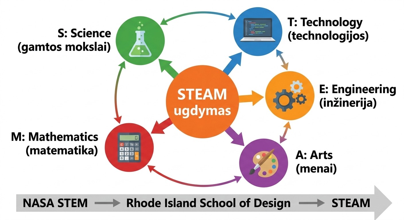 STEAM santrumpos reikšmė – Science Technology Engineering Arts Mathematics diagrama vaikams ir tėvams