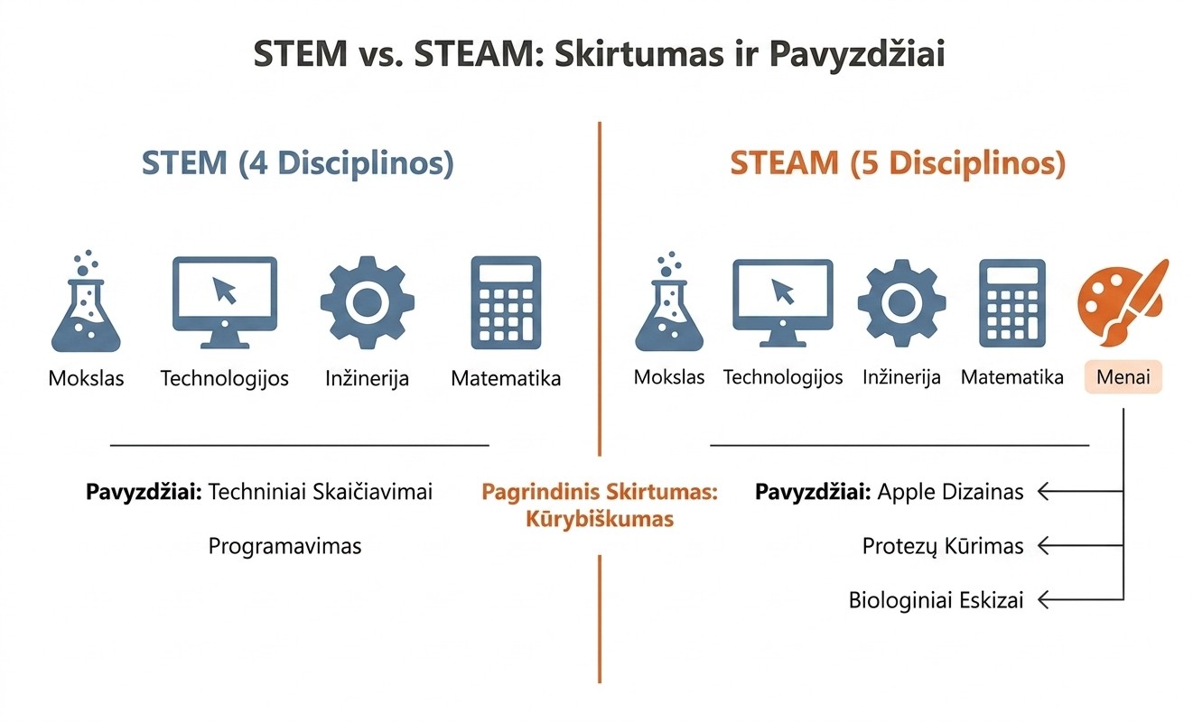 STEAM ir STEM skirtumai – lyginamoji lentelė su disciplinomis ir pavyzdžiais