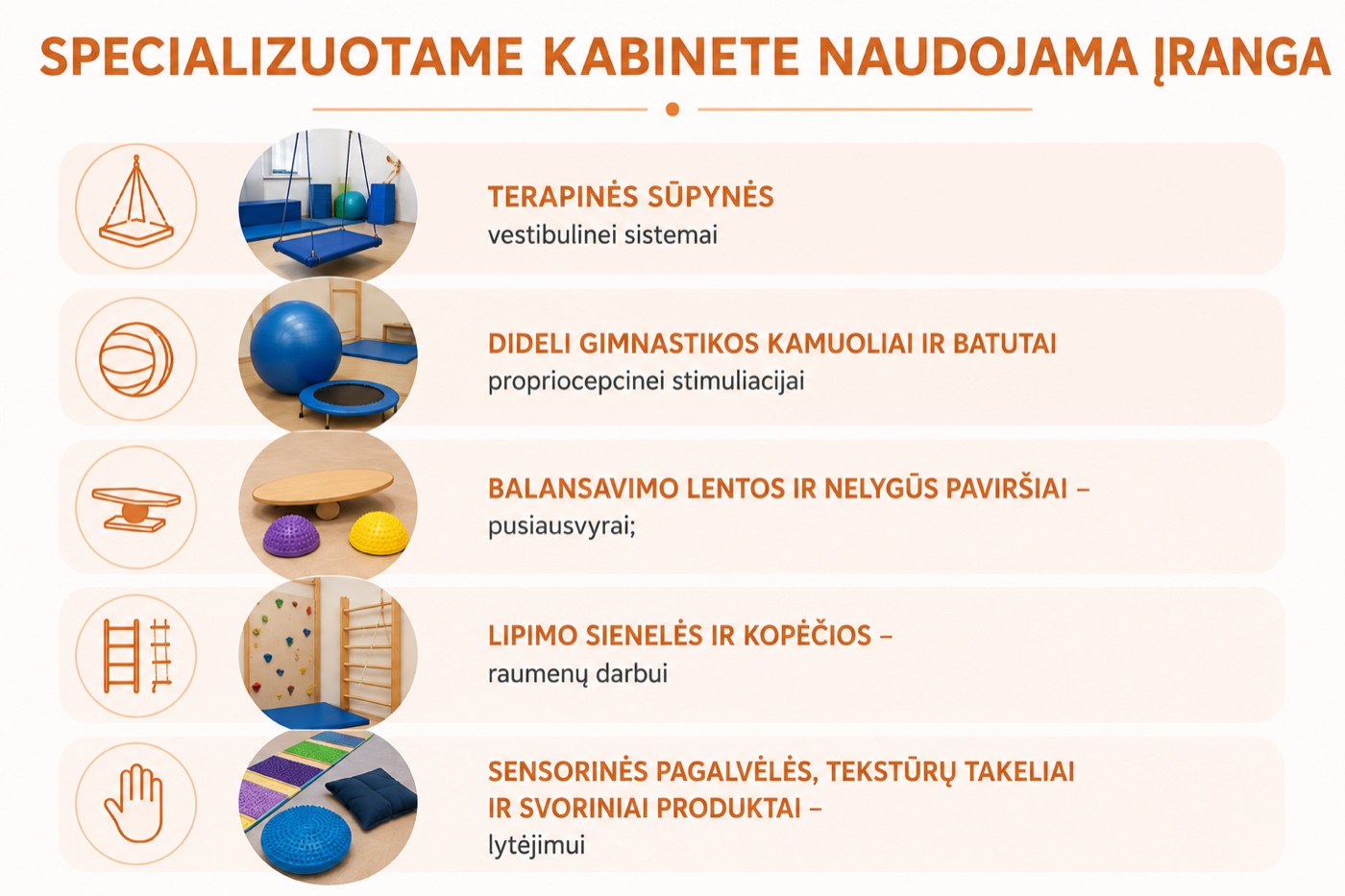Sensorinės integracijos terapijos įranga kabinete – sūpynės, gimnastikos kamuoliai, balansavimo lentos, lipimo sienelės