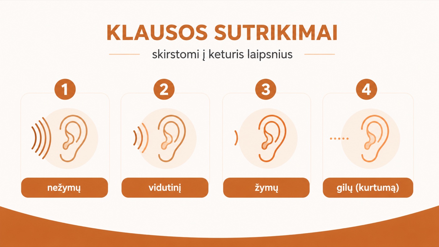 Klausos sutrikimų laipsniai – nežymus, vidutinis, žymus ir gilus (kurtumas)
